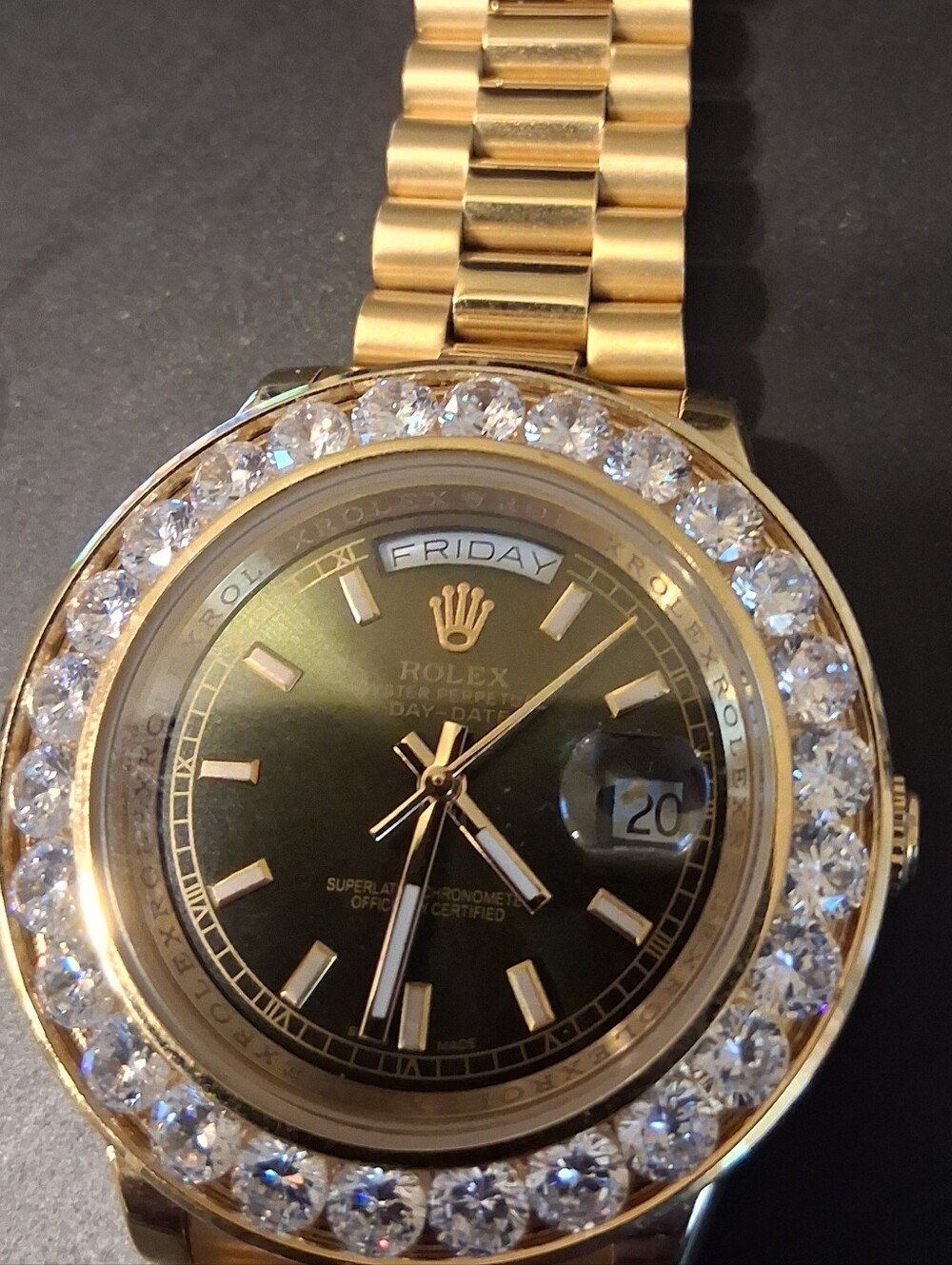 BLING WATCH  Day-Date Gold Watch with Dark Green and Diamond Bezel Automatic - Picture 7 of 7